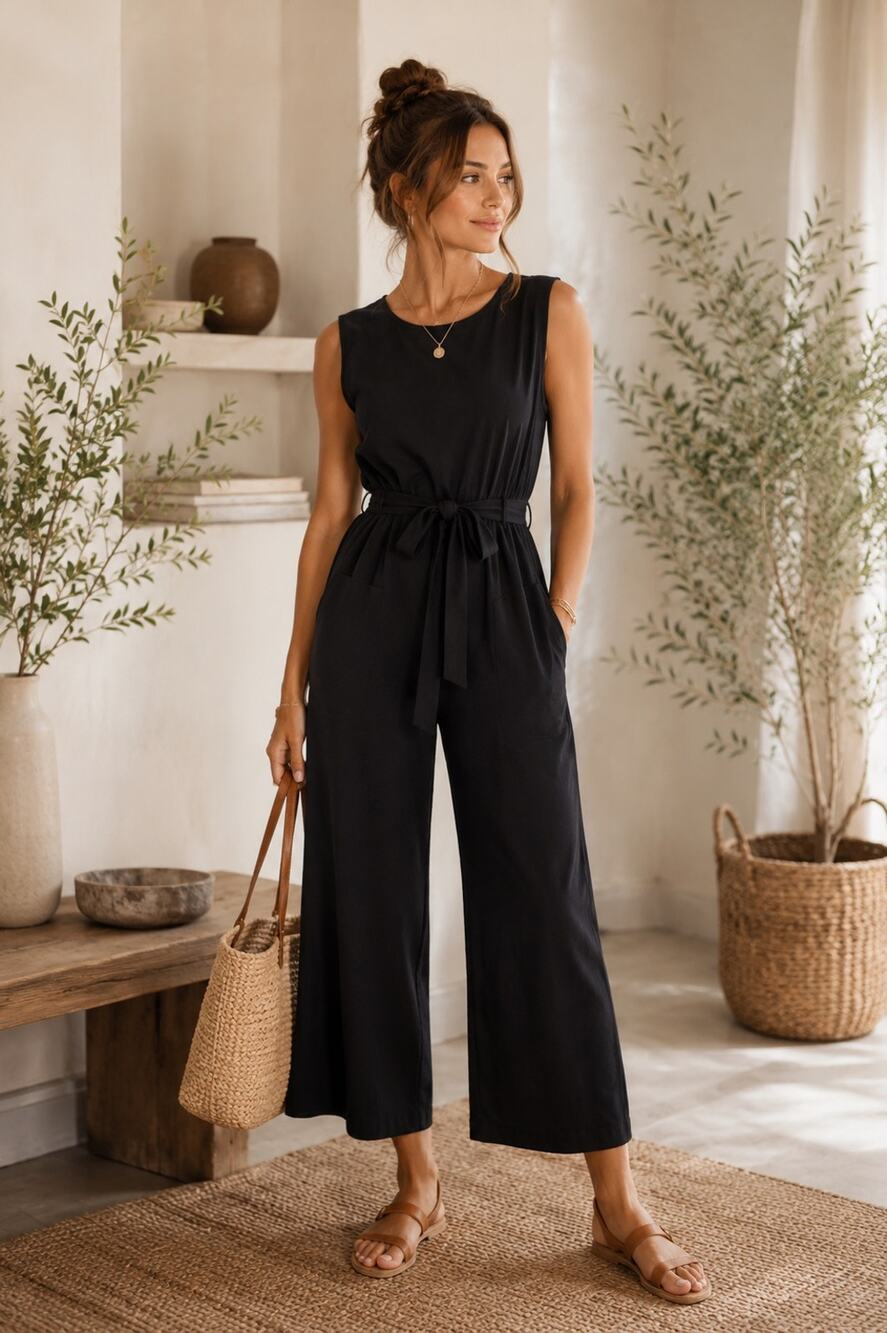 Max Studio Black French Terry Waist Tie Jumpsuit Small
